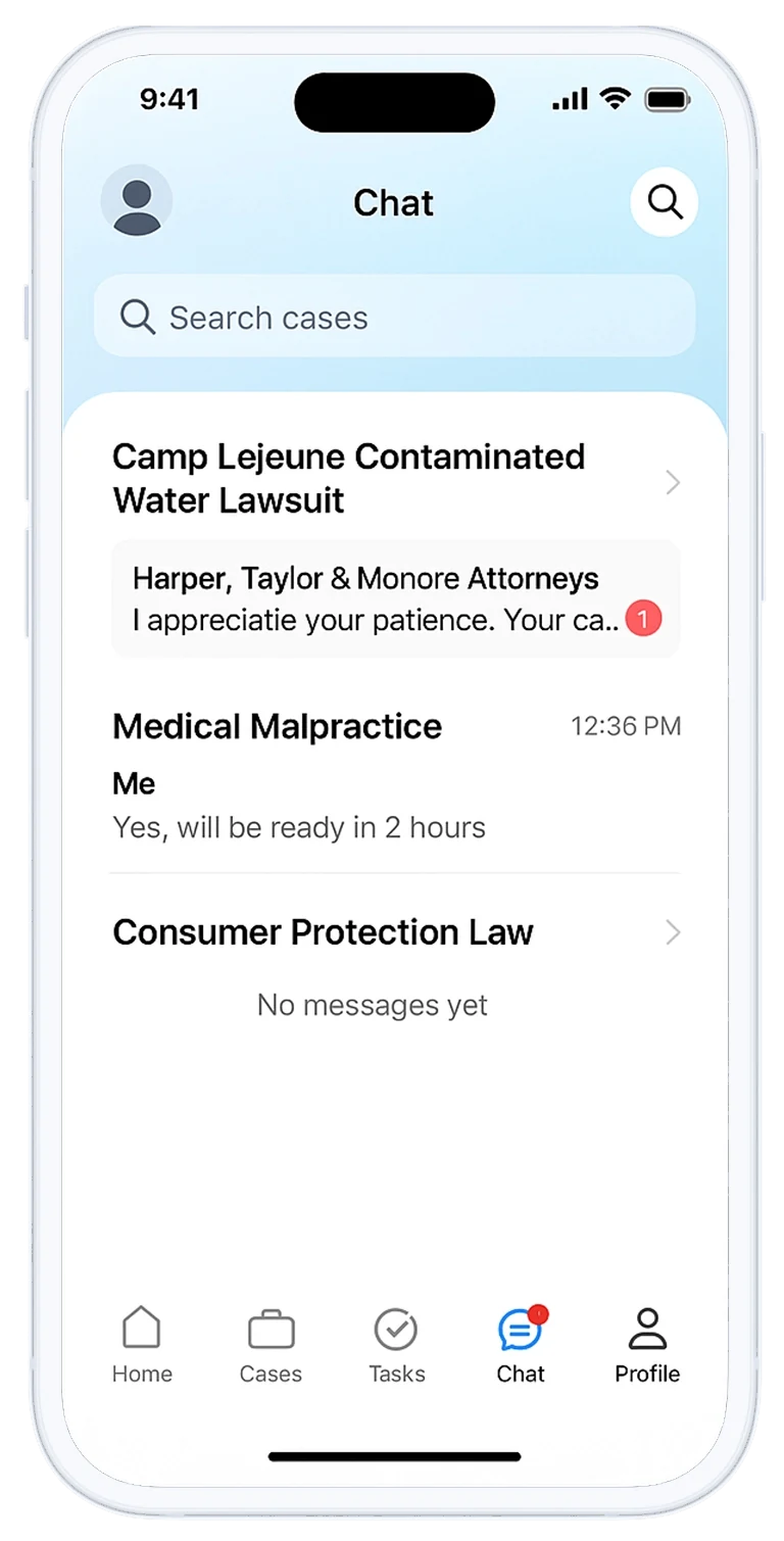 Kayse mobile client portal showing case updates and messages