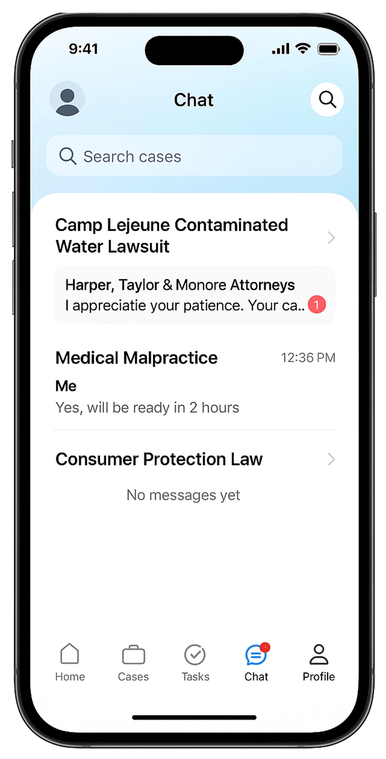 Kayse mobile client portal showing case updates and messages